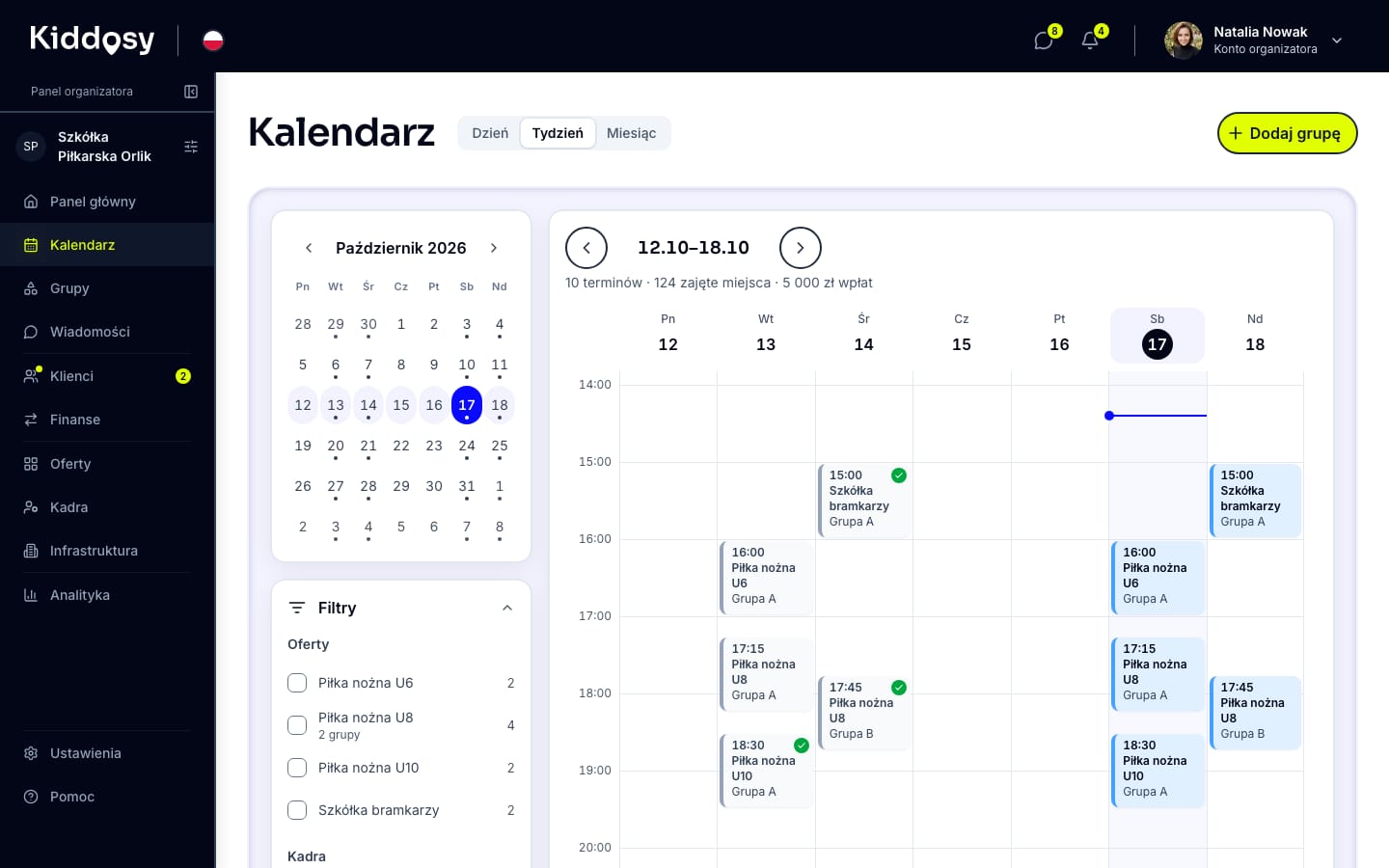 Kiddosy, organiser view: group calendar