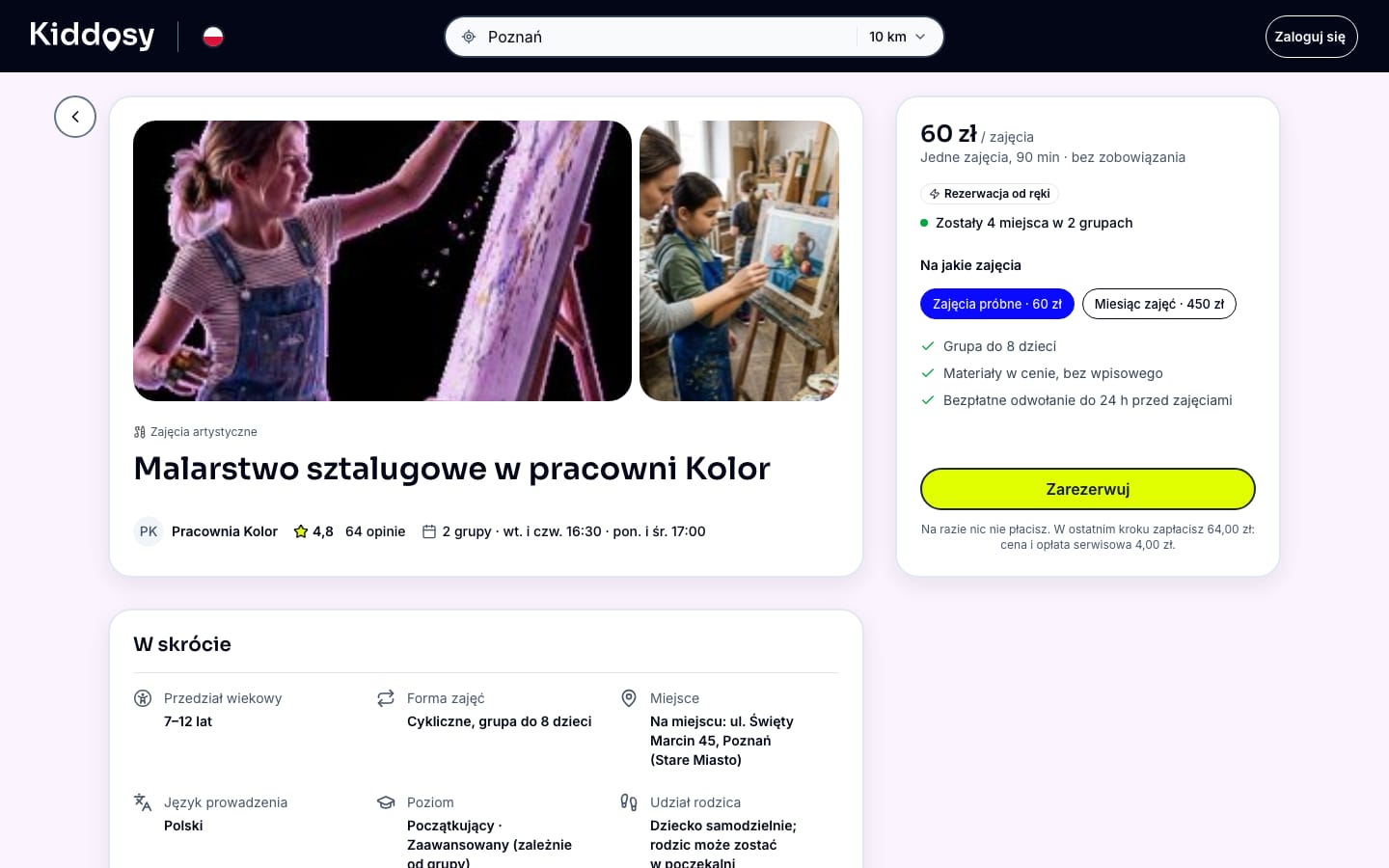 Kiddosy, parent view: activity details and booking