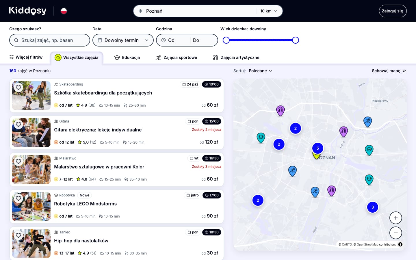 Kiddosy, parent view: activity search with filters and a map
