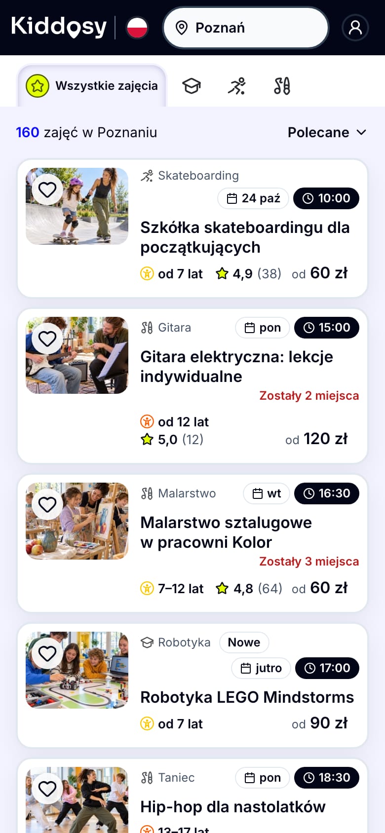 Kiddosy on mobile: activity search