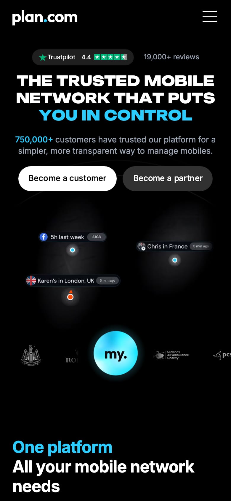 plan.com website on mobile, homepage